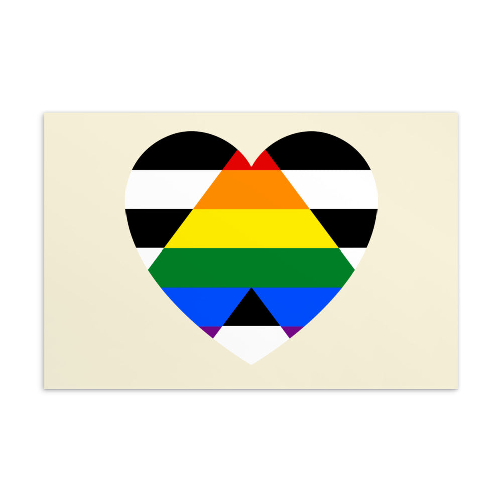 Postcard showing a multicolored striped heart on a pale cream background
