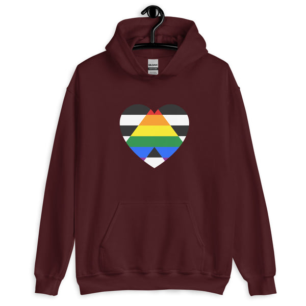 Front view of a maroon hoodie with a multicolored striped heart graphic