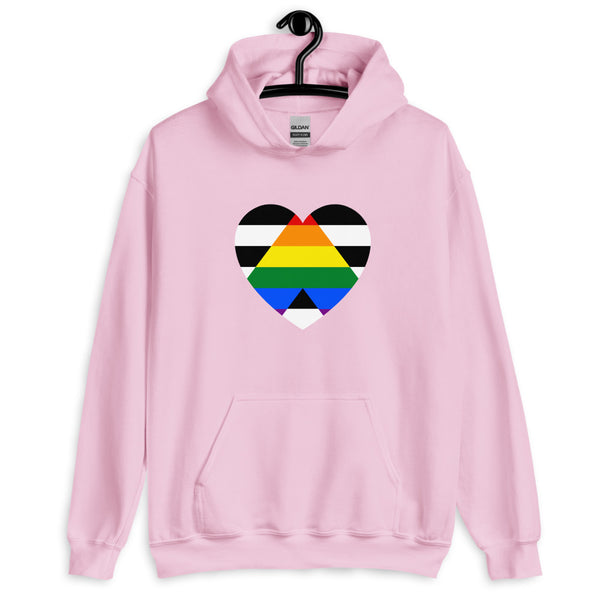 Front-facing light pink hoodie on a hanger with a multicolored striped heart graphic