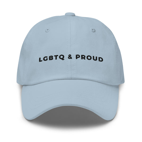 Front view of a light blue baseball cap embroidered with “LGBTQ & PROUD” in black