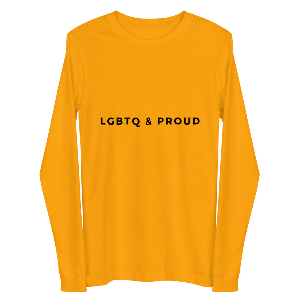 Front view of a gold long-sleeve shirt with black “LGBTQ & PROUD” text