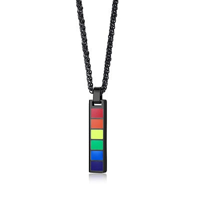 Black chain necklace with a rectangular pendant in rainbow traffic-light colors