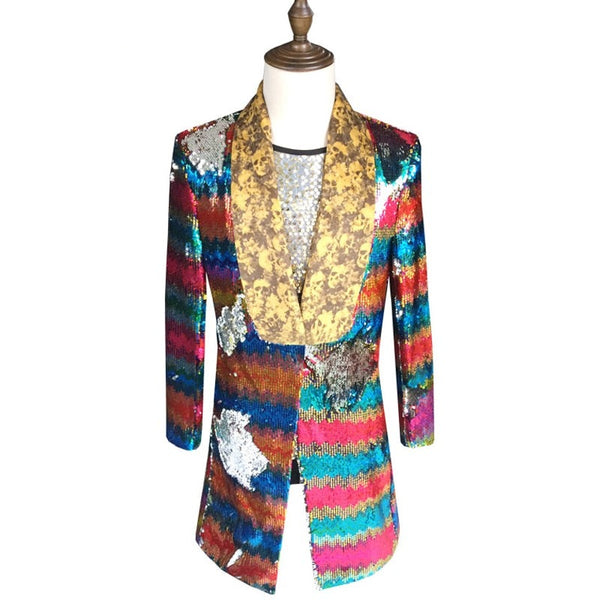 Front-facing mannequin wearing a long multicolored sequin coat with a gold shawl collar