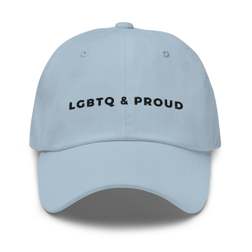 Front view of a light blue baseball cap embroidered with “LGBTQ & PROUD” in black
