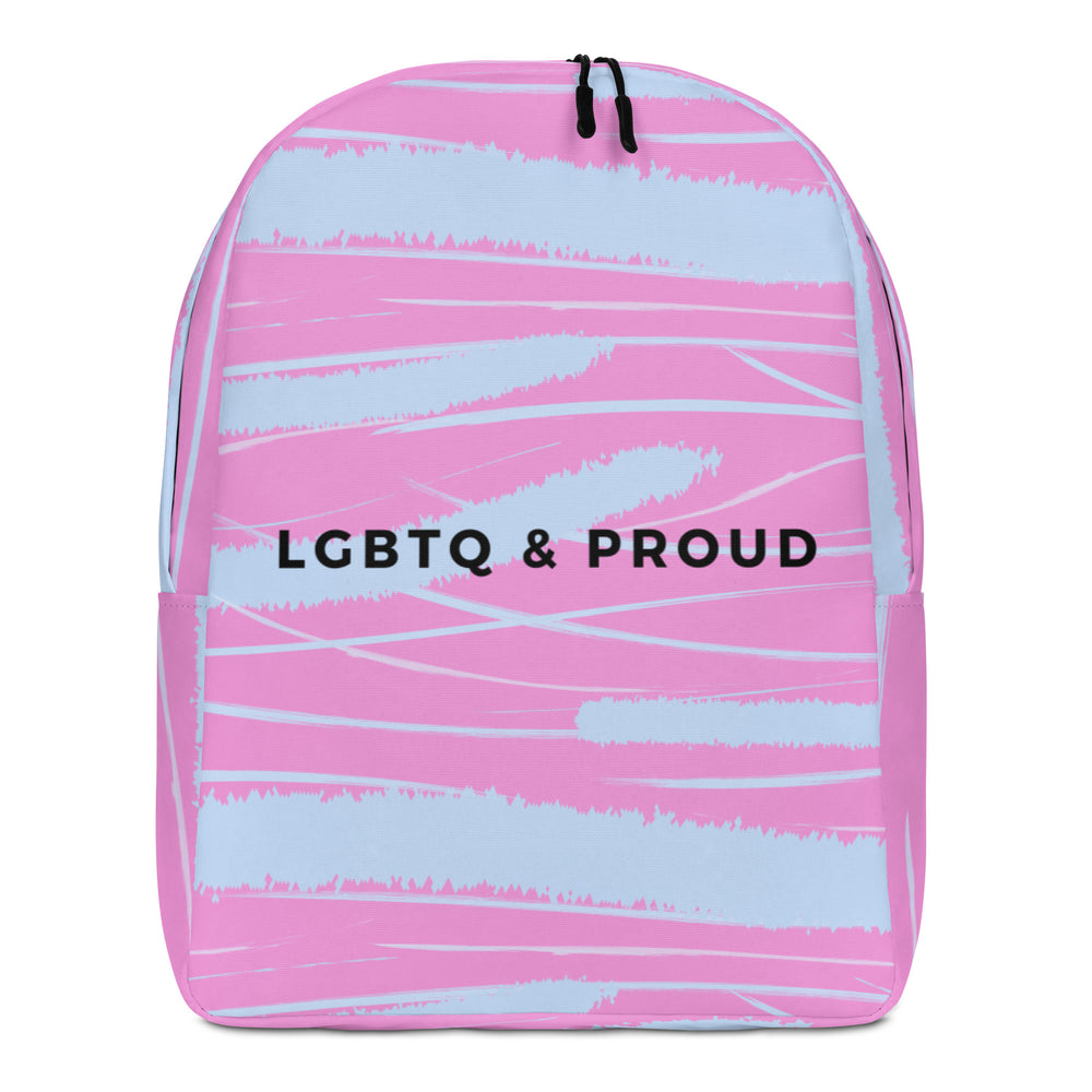 Front-view pink and light-blue striped backpack with black zippers and “LGBTQ & PROUD” text