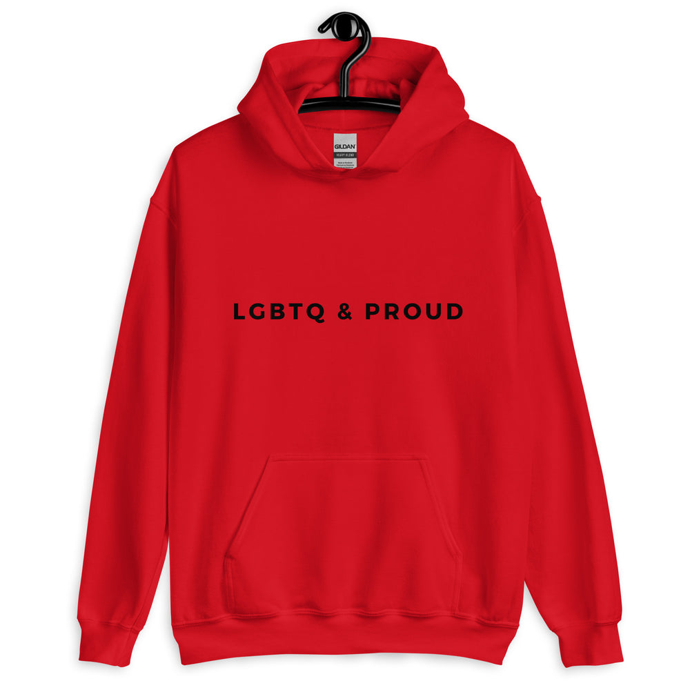 Front view of a red pullover hoodie reading “LGBTQ & PROUD” in black
