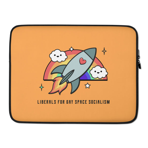 Orange laptop sleeve with a rainbow rocket, smiling clouds, and “LIBERALS FOR GAY SPACE SOCIALISM” text