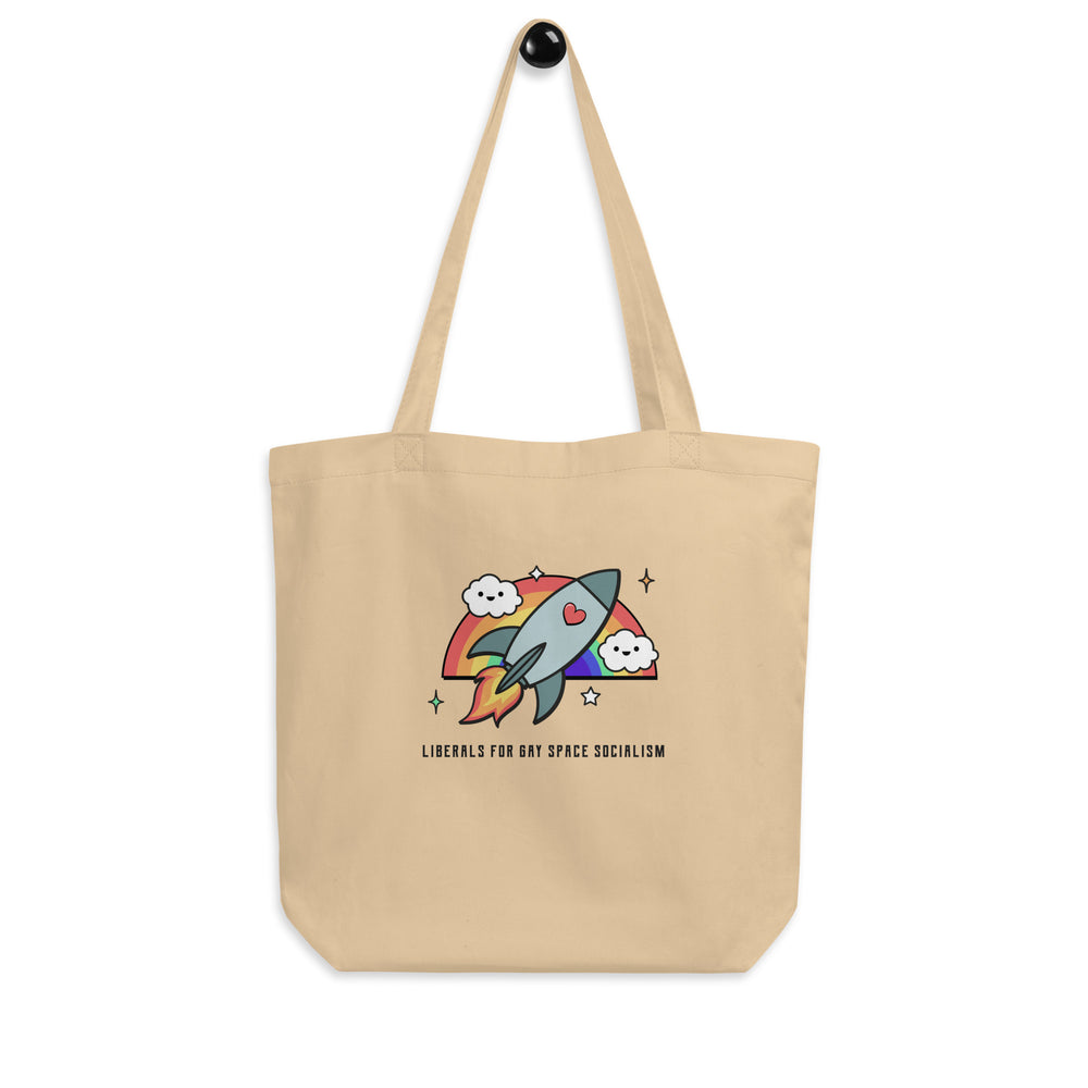 Natural canvas tote with a rainbow rocket graphic and text reading “LIBERALS FOR GAY SPACE SOCIALISM”