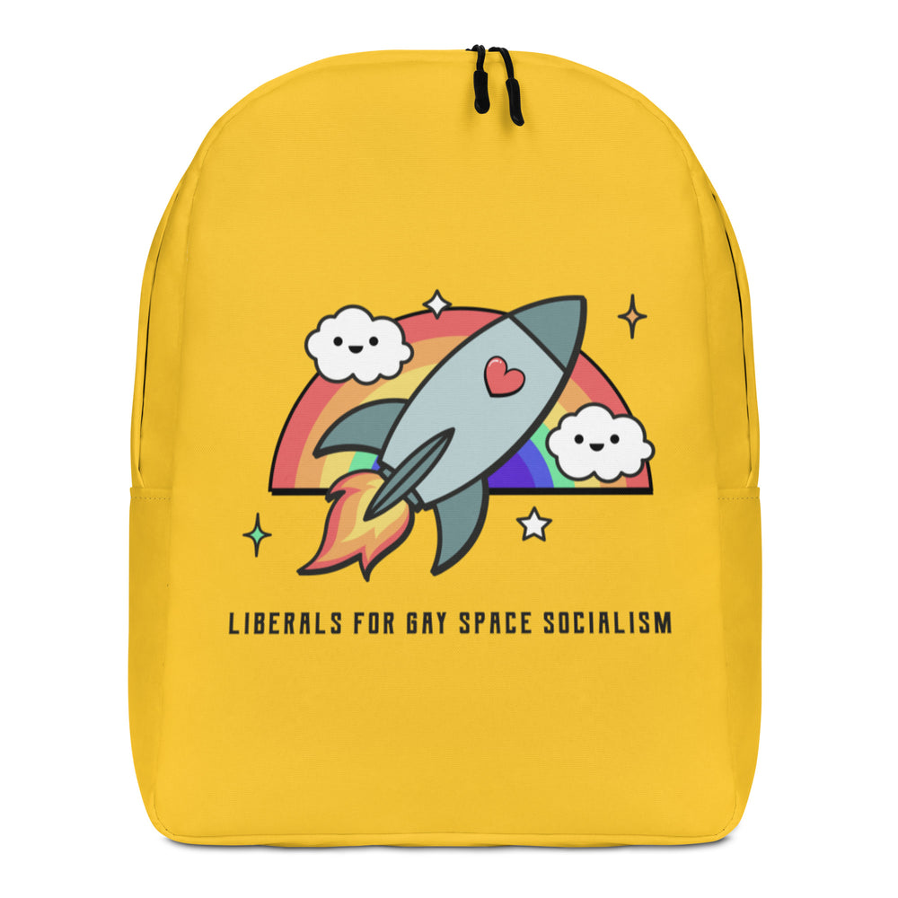 Front view of a yellow backpack with a rainbow rocket graphic and “LIBERALS FOR GAY SPACE SOCIALISM” text