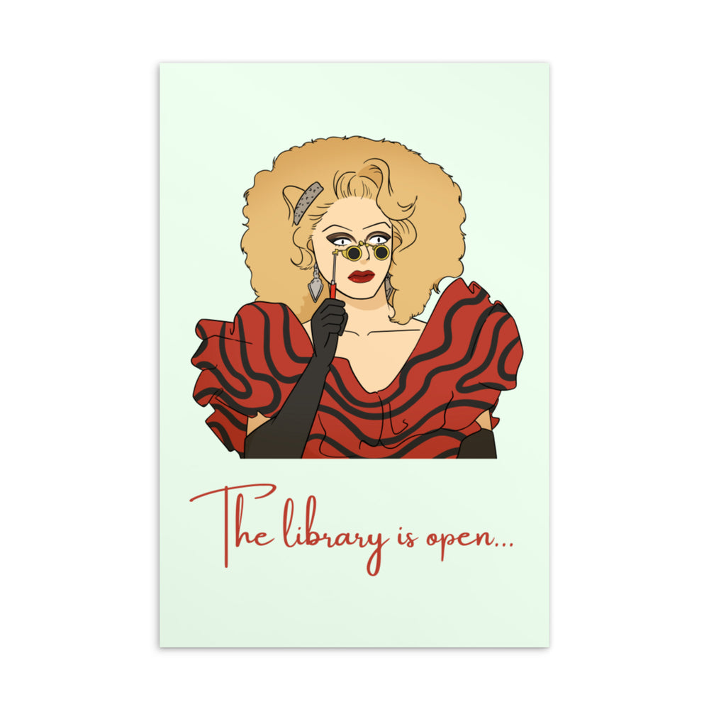Postcard front showing a glamorous drag performer with “The library is open…” text
