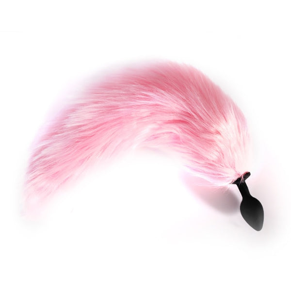 Black teardrop-shaped plug with a long, fluffy pink tail on a white background