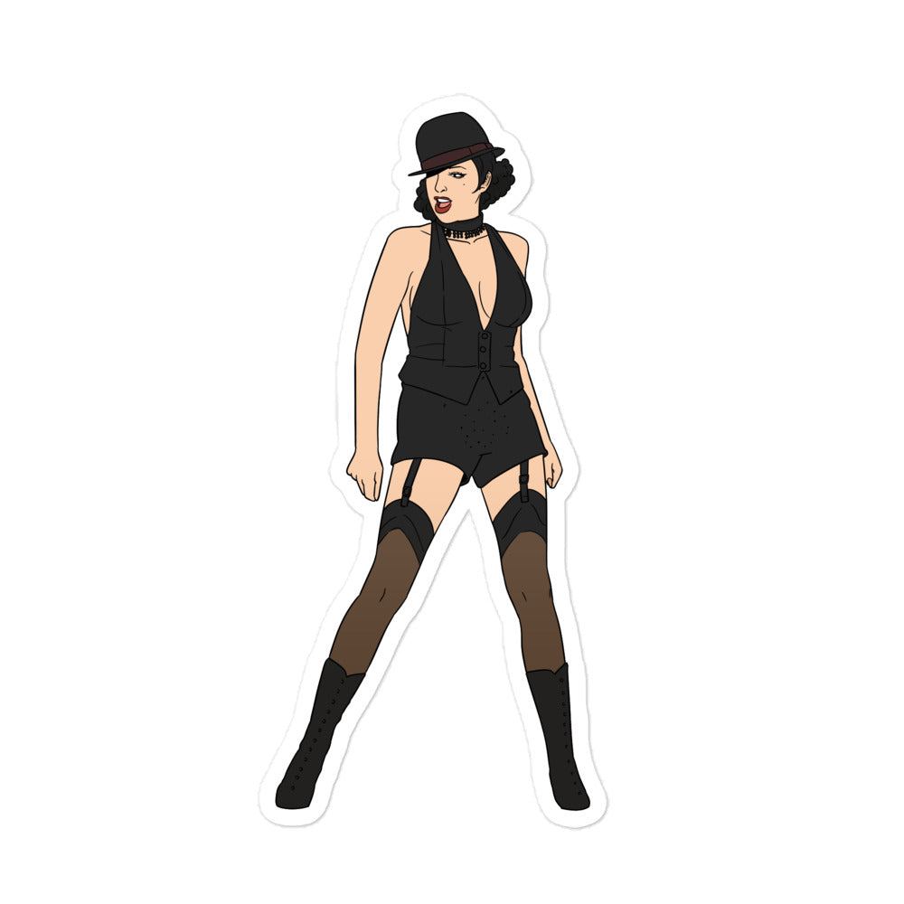 Die-cut sticker of a woman in a black bowler hat, vest, shorts, stockings, and boots