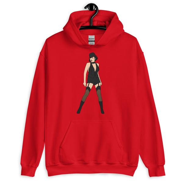Red pullover hoodie with a centered cartoon performer in a black hat and outfit