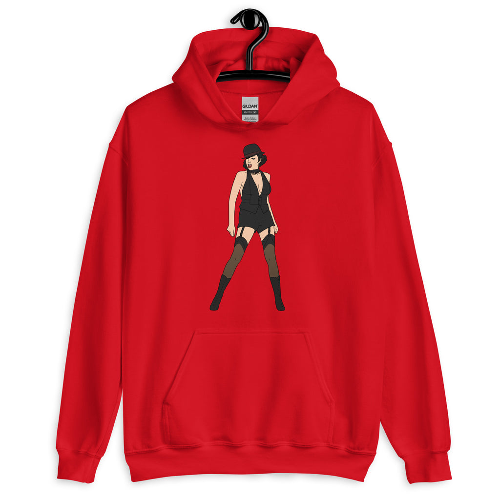 Red pullover hoodie with a centered cartoon performer in a black hat and outfit
