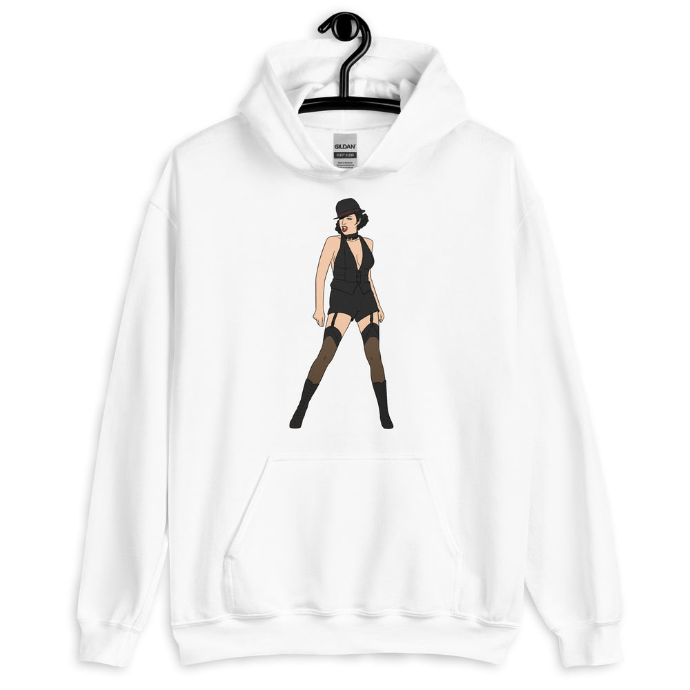 White pullover hoodie with a central illustration of a woman in a black cabaret outfit