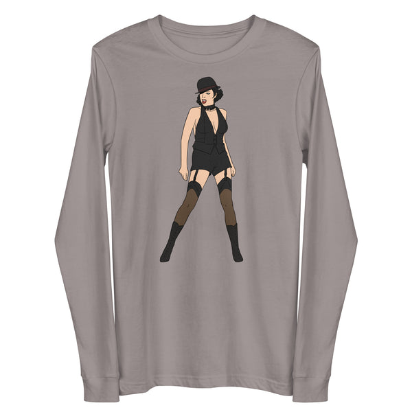 Front view of a gray long-sleeve shirt with a stylized woman in a hat and boots
