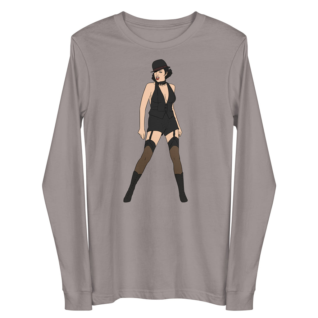 Front view of a gray long-sleeve shirt with a stylized woman in a hat and boots