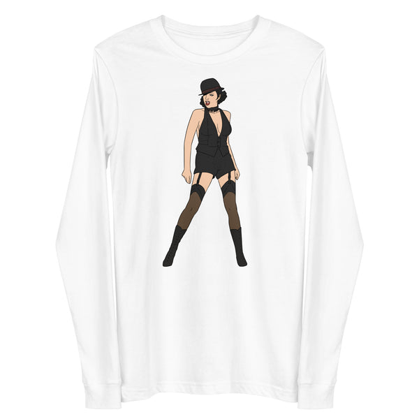 Front view of a white long-sleeve shirt with a stylized cabaret performer graphic