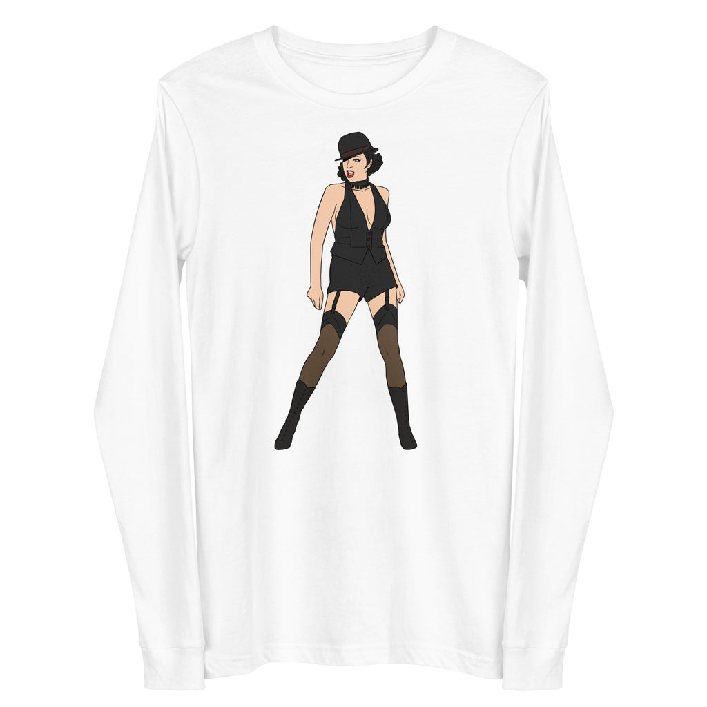 Front view of a white long-sleeve shirt with a stylized cabaret performer graphic