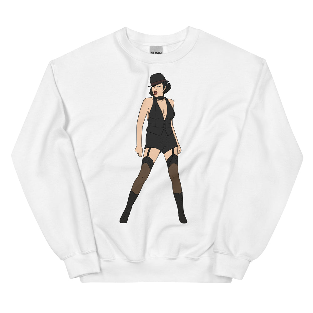 White crewneck sweatshirt with a centered illustration of a woman in a black cabaret outfit