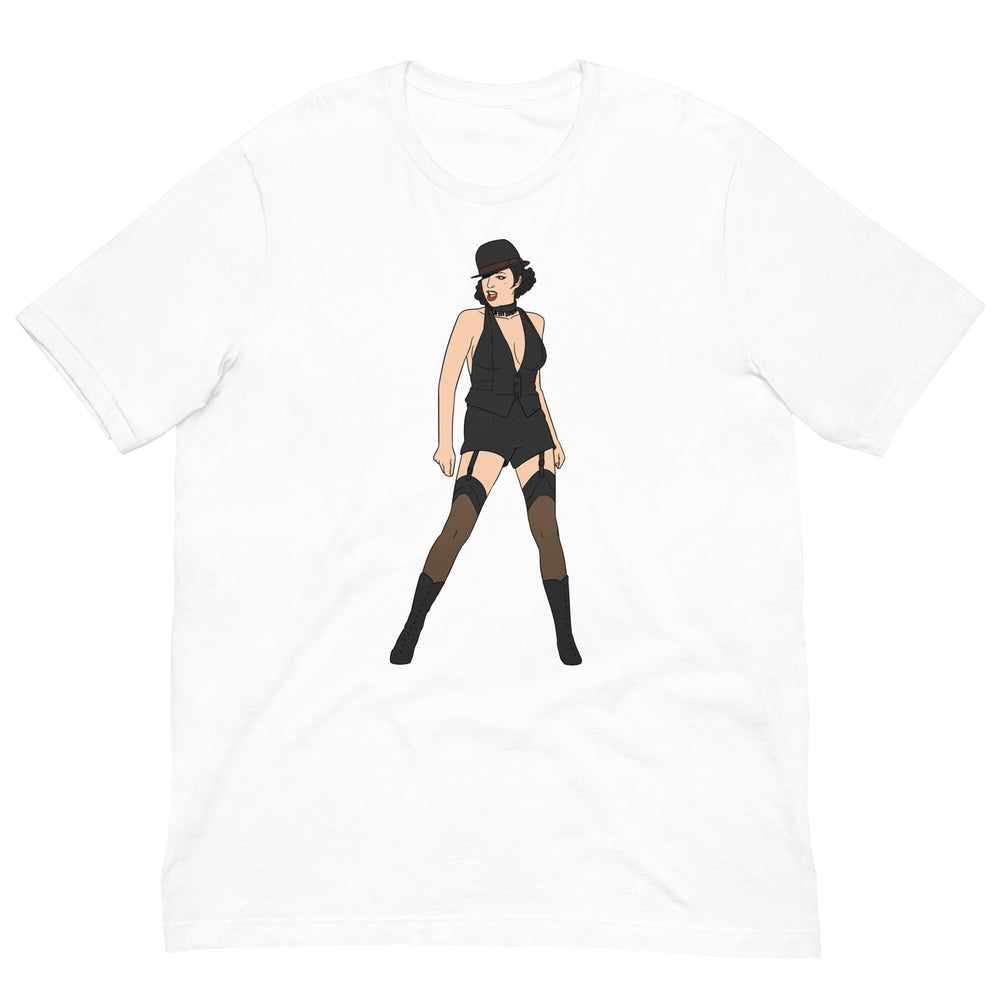 White T-shirt laid flat with a central illustration of a woman in a black cabaret outfit and hat