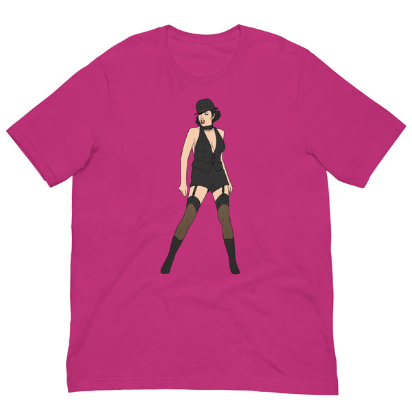 Front view of a berry T-shirt with an illustrated woman in a black hat and cabaret outfit
