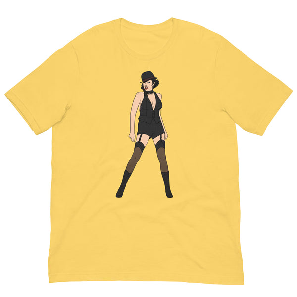 Yellow T-shirt with a centered illustration of a woman in a black cabaret outfit