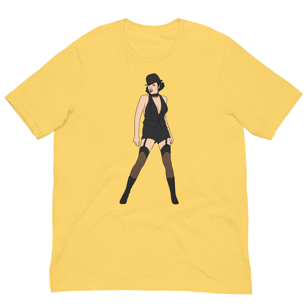 Yellow T-shirt with a centered illustration of a woman in a black cabaret outfit