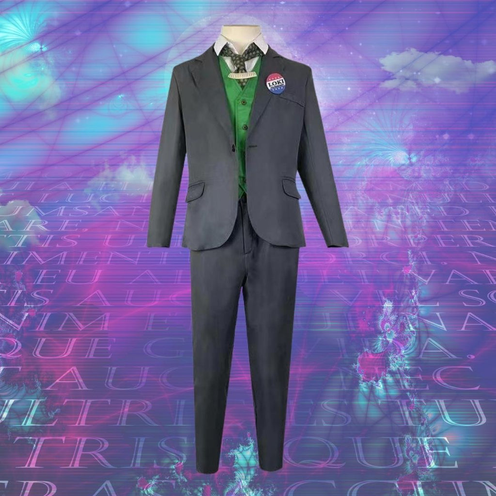 Loki costume shown as a gray suit with green vest, patterned tie, white shirt, and Loki pin
