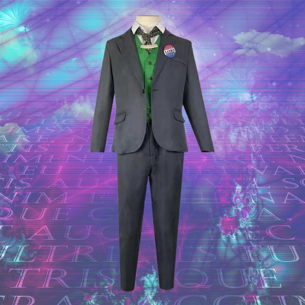 Loki costume shown as a gray suit with green vest, patterned tie, white shirt, and Loki pin