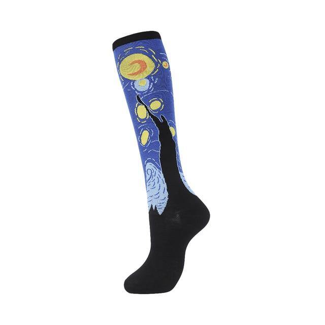 Side view of long socks with Van Gogh's Starry Night sky and black foot