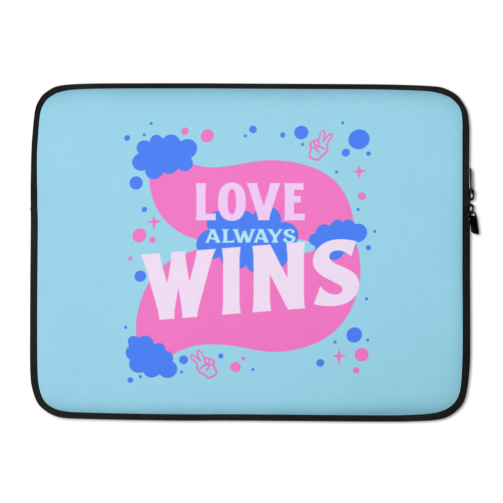Light blue laptop sleeve with pink and blue shapes and the words “LOVE ALWAYS WINS”
