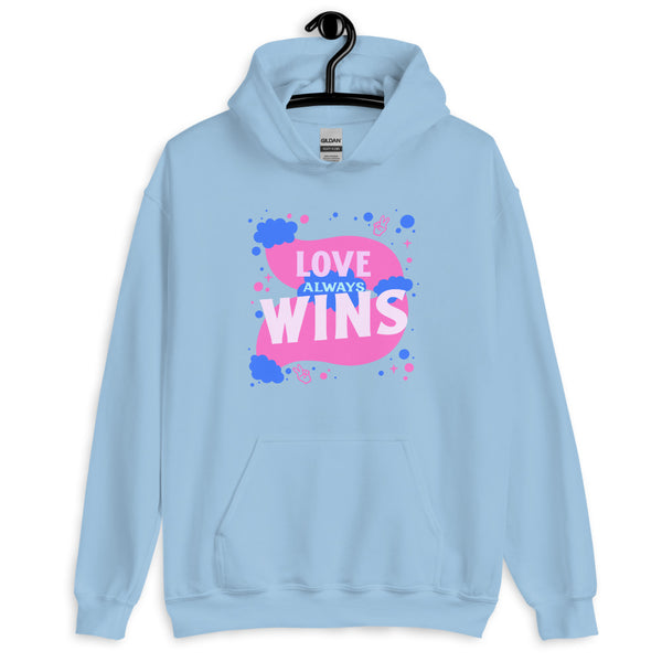 Front view of a light blue hoodie with pink-and-blue “LOVE ALWAYS WINS” graphic