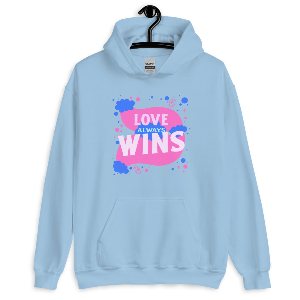 Front view of a light blue hoodie with pink-and-blue “LOVE ALWAYS WINS” graphic