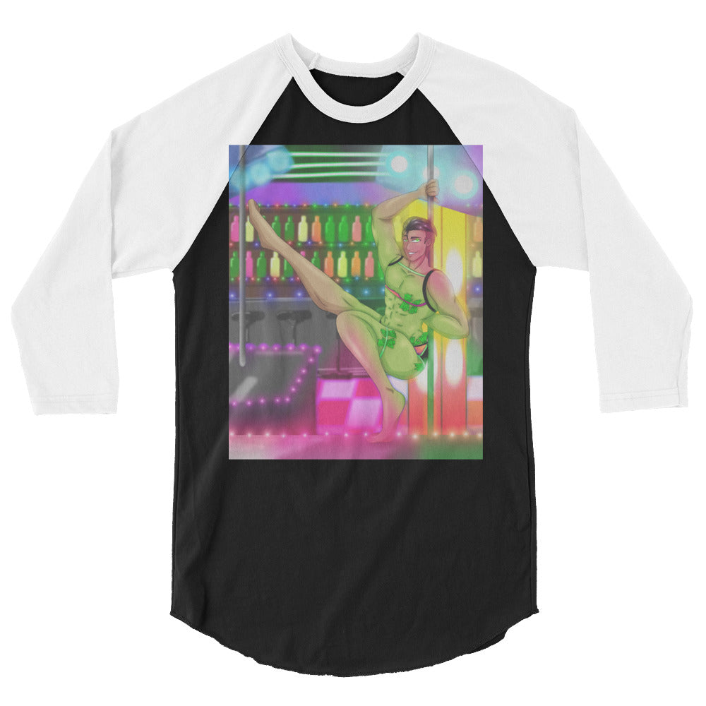 Front view of a black-and-white raglan shirt with a colorful go-go dancer bar illustration