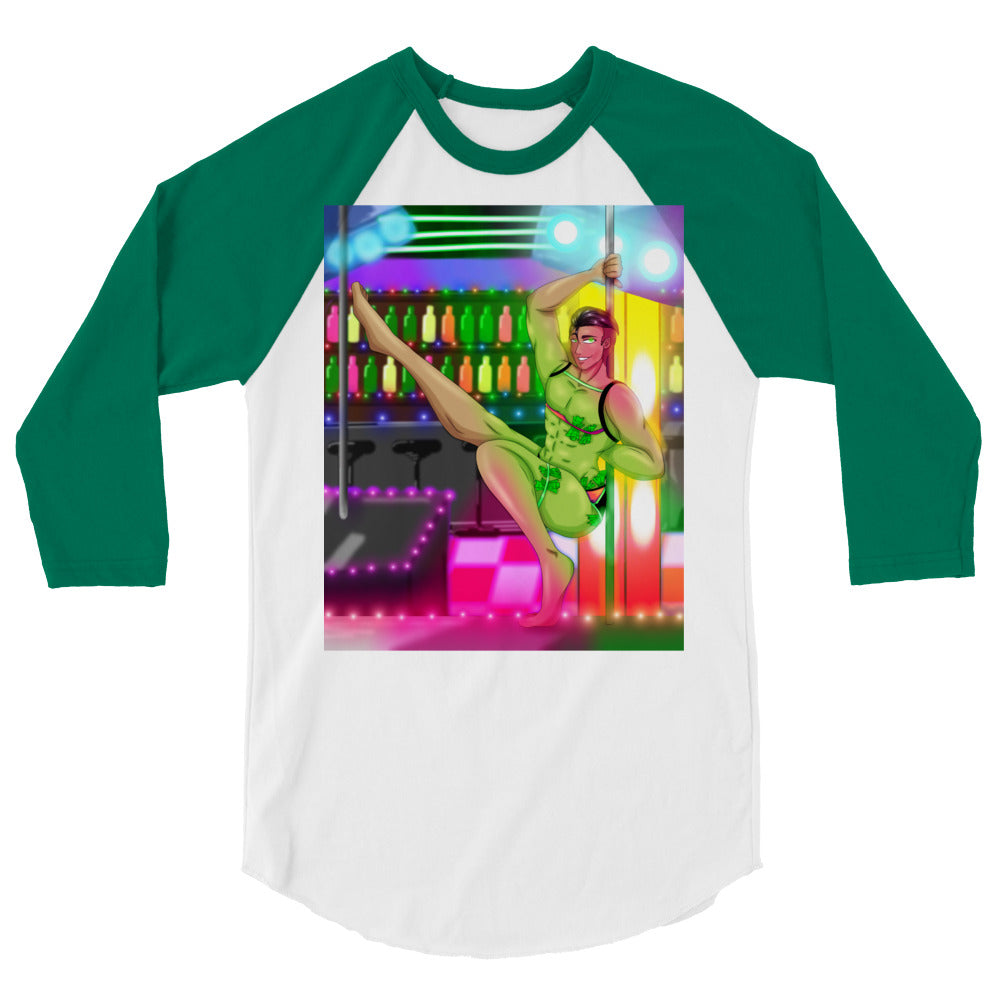 Front view of a green-and-white raglan shirt with a colorful male go-go dancer graphic