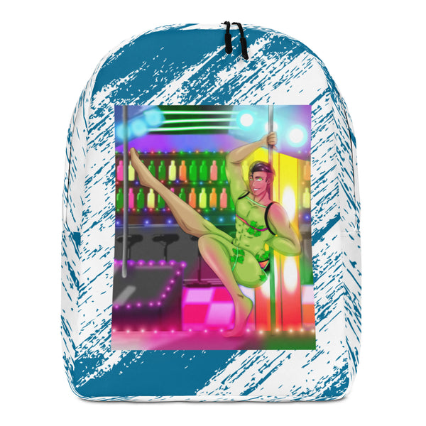 Front-facing blue-and-white splatter backpack with a colorful illustrated go-go dancer at a bar