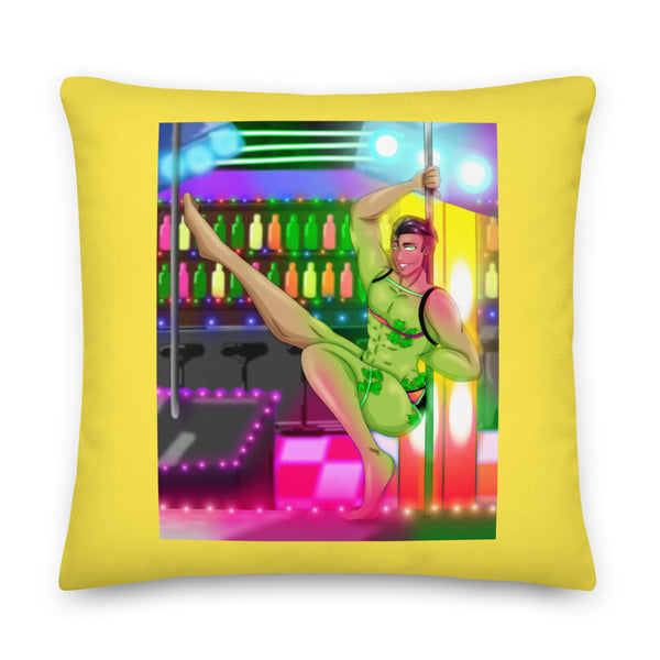 Yellow square pillow showing an illustrated male dancer performing on a pole in a colorful gay bar