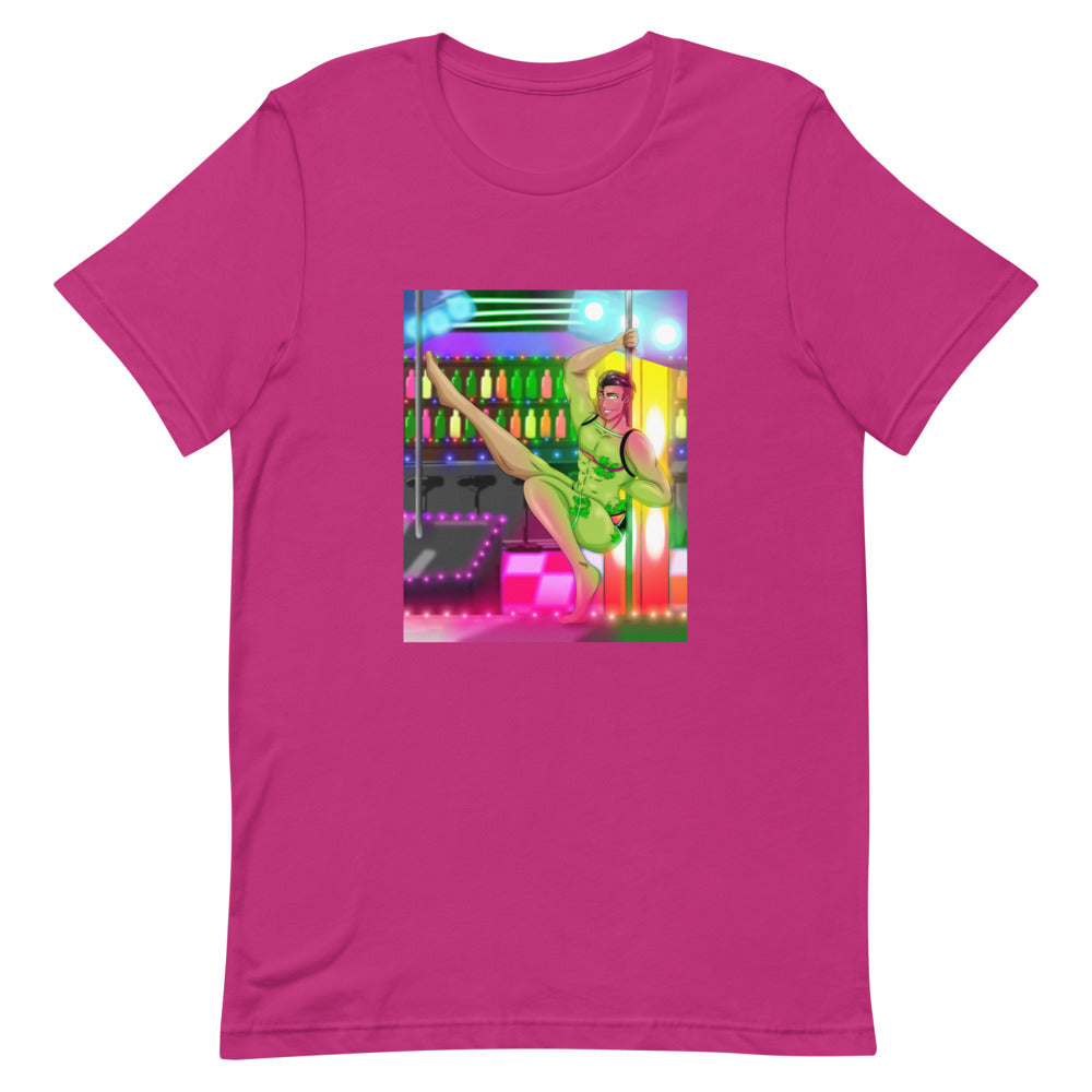 Berry-pink T-shirt with a colorful illustration of a pole dancer in a go-go bar