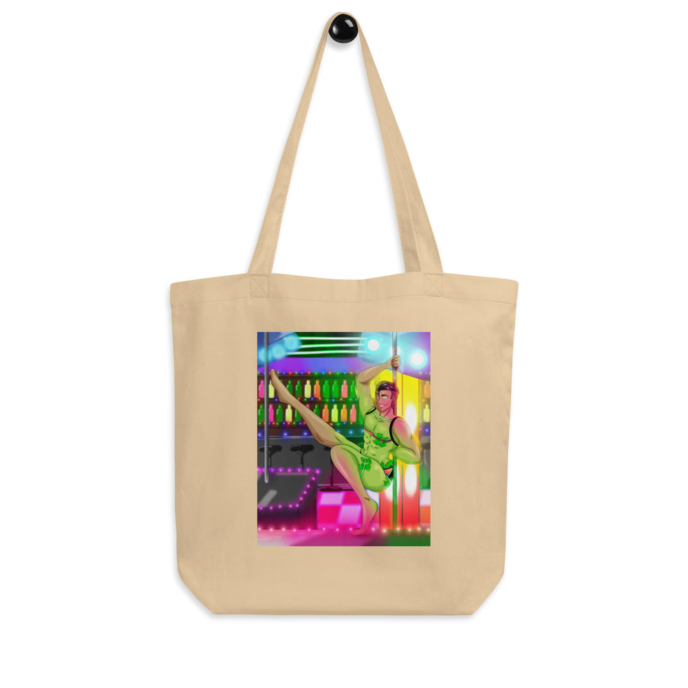 Oyster canvas tote with colorful illustration of a male go-go dancer on a pole