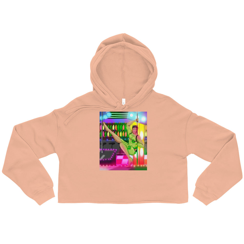 Peach cropped hoodie with a colorful go-go dancer graphic on the front