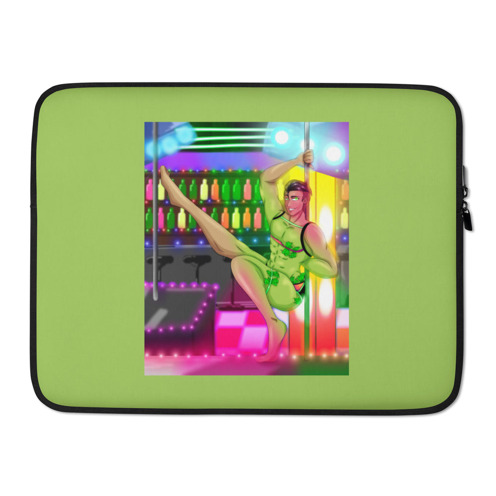Green laptop sleeve with a colorful illustration of a scantily clad go-go dancer on a pole