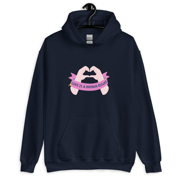 Front-view navy hoodie with pink hands forming a heart and “LOVE IS A HUMAN RIGHT” banner