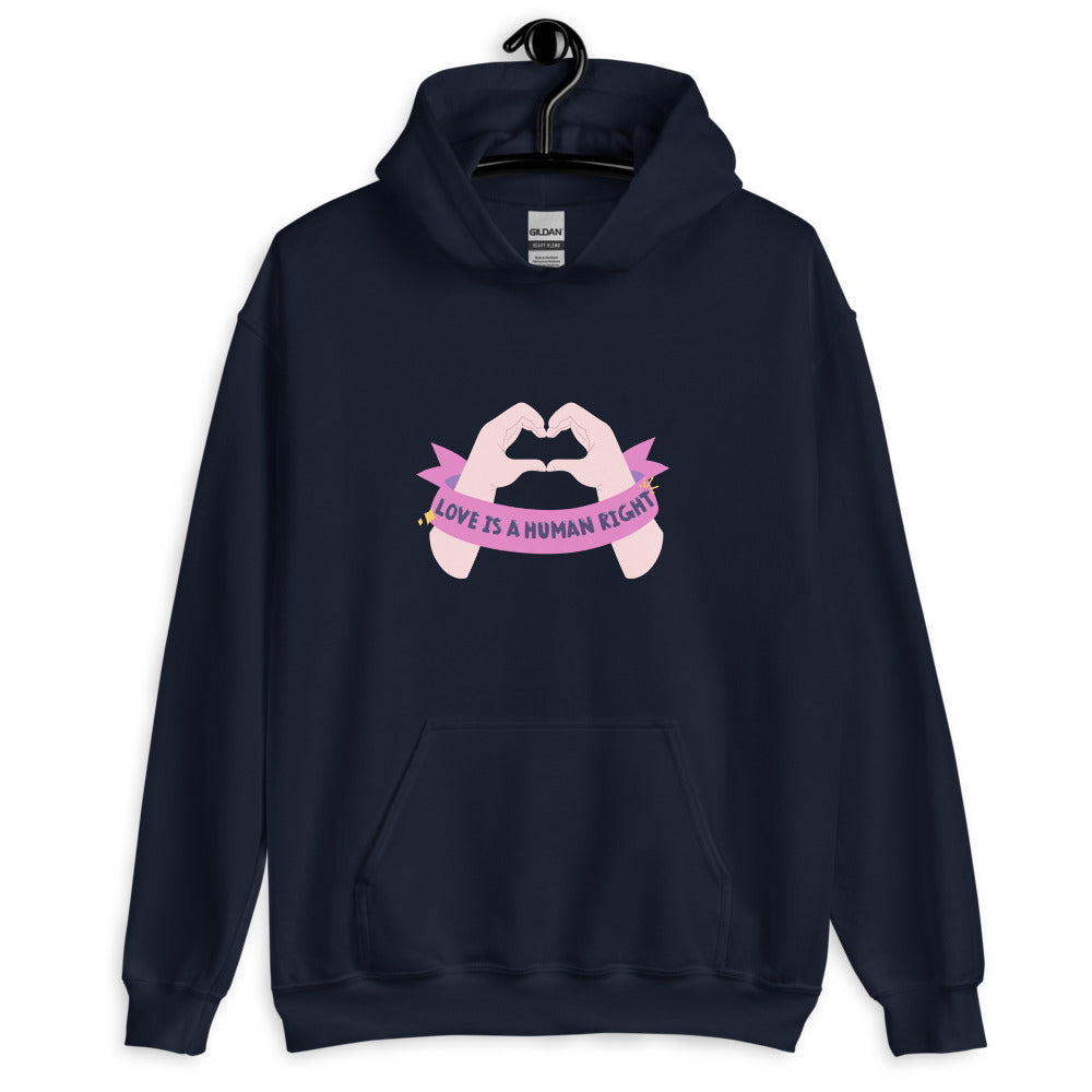Front-view navy hoodie with pink hands forming a heart and “LOVE IS A HUMAN RIGHT” banner