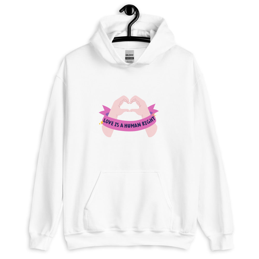 Front view of a white hoodie on a hanger with hands forming a heart and “LOVE IS A HUMAN RIGHT”