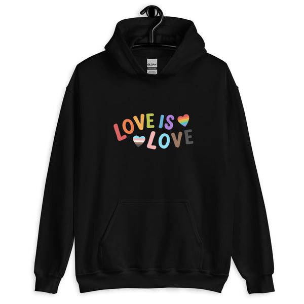 Front view of a black hoodie reading “LOVE IS LOVE” with rainbow-striped hearts