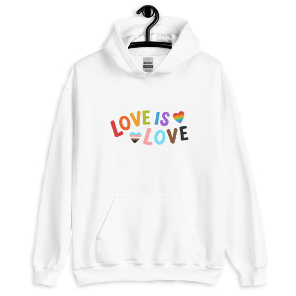 Front view of a white hoodie reading “LOVE IS LOVE” with rainbow and trans pride hearts