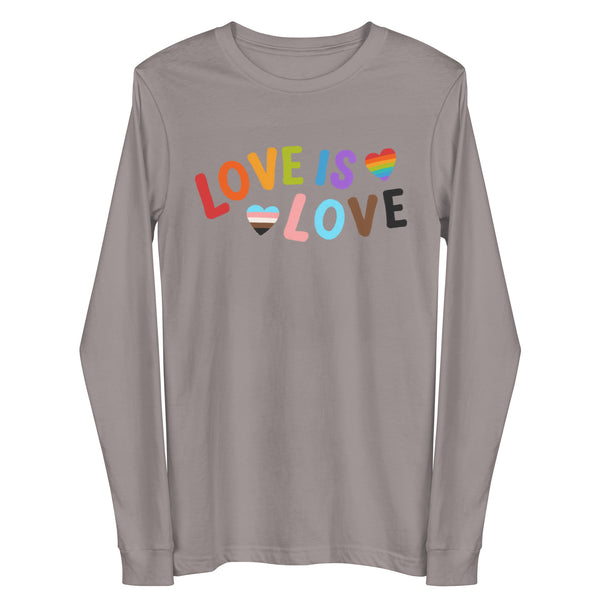 Front view of a gray long-sleeve shirt reading “LOVE IS LOVE” with rainbow hearts