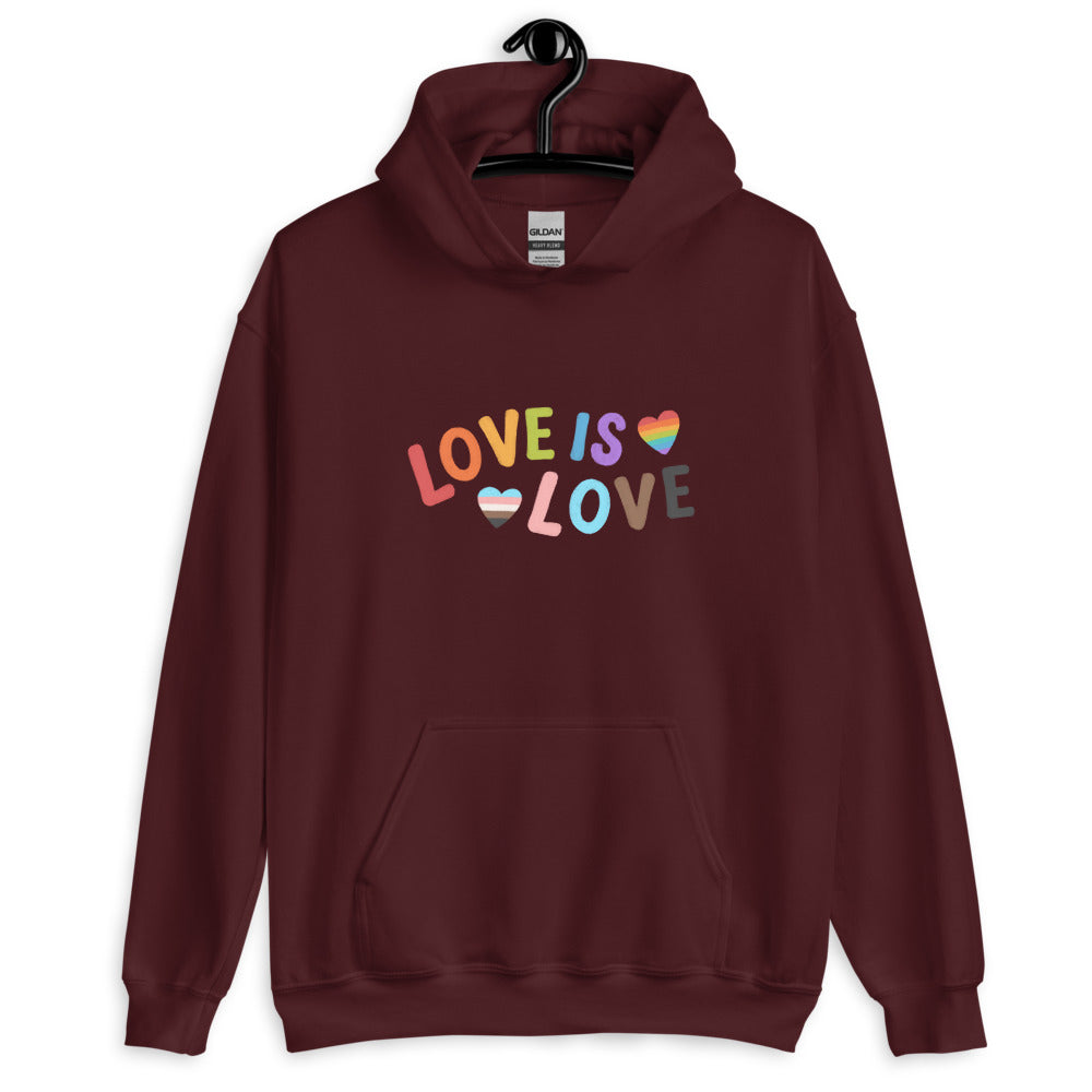 Front view of a maroon hoodie with colorful “LOVE IS LOVE” lettering and heart-shaped rainbow designs