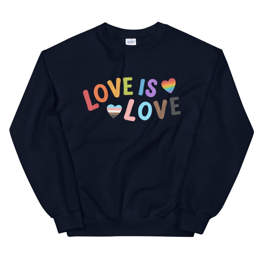 Front view of a navy sweatshirt reading “LOVE IS LOVE” with two rainbow-striped hearts